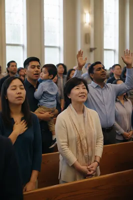 Diverse Asian Congregation in Bright Sanctuary