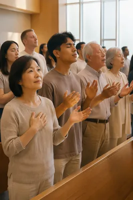 Diverse Asian Congregation in Quiet Worship