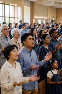 Diverse Asian Congregation in Modern Worship Hall
