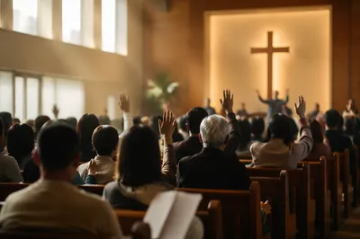 Diverse Congregation Worshipping in Church Sanctuary