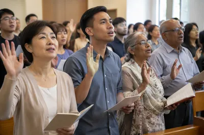 Diverse Asian Congregation Singing in Sanctuary