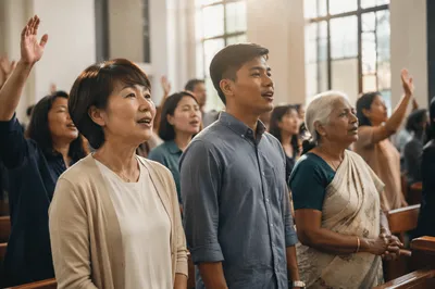 Diverse Asian Congregation in Bright Church Hall