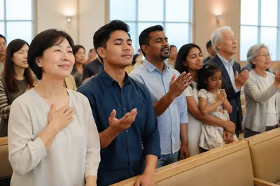 Diverse Asian Congregation in Modern Worship Hall