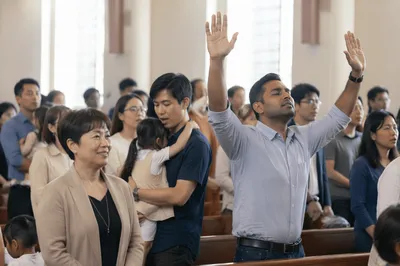 Diverse Asian Congregation in Bright Sanctuary
