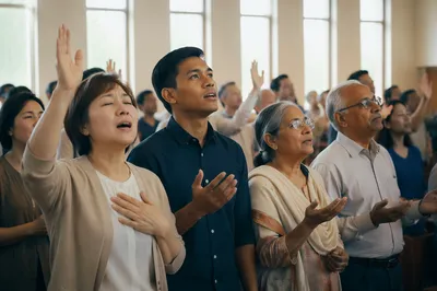 Diverse Asian Congregation in Bright Worship Hall