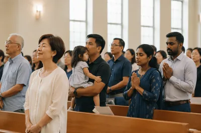 Asian Church Congregation in Morning Light