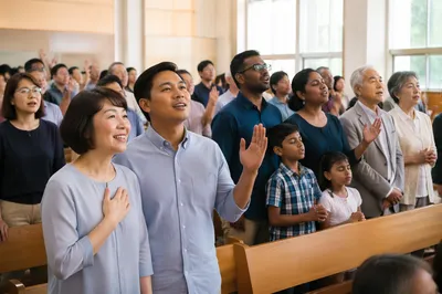 Diverse Asian Congregation in Modern Worship Hall