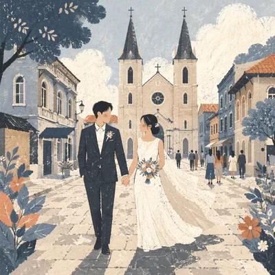 Asian Couple Leaving Church Wedding Ceremony