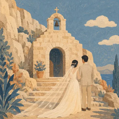 Asian Couple Entering Cliffside Chapel Wedding