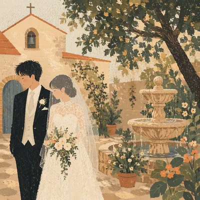 Asian Couple Chapel Garden Wedding Portrait