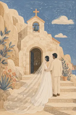 Asian Couple Entering Cliffside Chapel Wedding