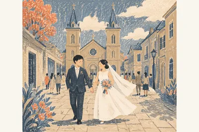 Asian Couple Leaving Church Wedding Ceremony