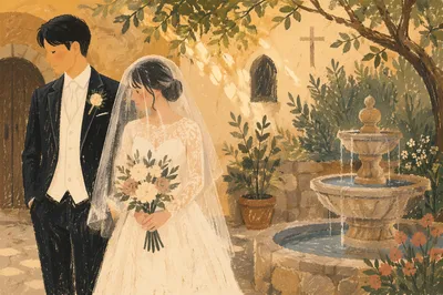 Asian Couple Wedding Portrait in Chapel Garden