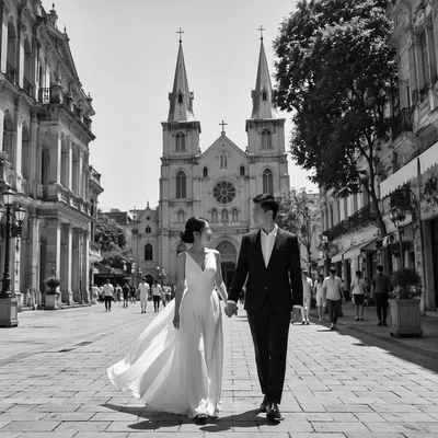 Asian Couple Leaving Church Wedding Ceremony