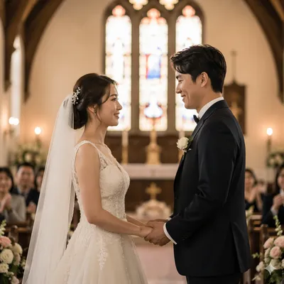 Asian Couple Wedding Ceremony at Church Altar