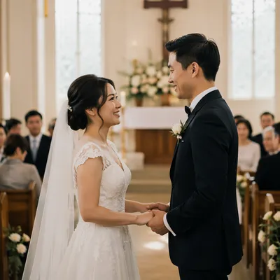 Joyful Asian Couple Church Wedding Ceremony