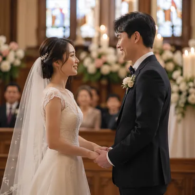 East Asian Couple Wedding at Church Altar