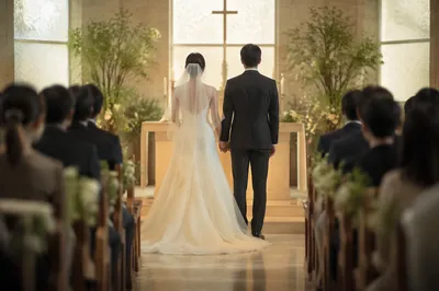 Asian Couple Wedding Ceremony in Stone Church