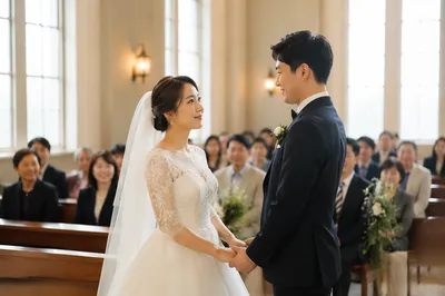 East Asian Couple Wedding Ceremony Indoors