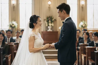 Asian Couple Exchanging Vows in Church