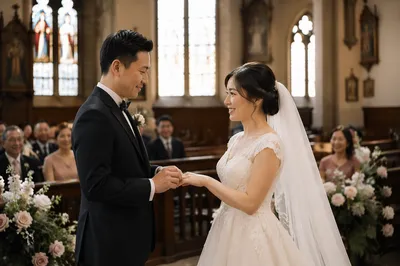 East Asian Couple Wedding at Church Altar