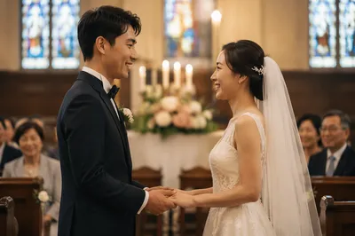 East Asian Couple at Church Wedding