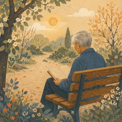 Elderly Asian Man Reading Bible in Park