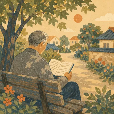 Elderly Asian Man Reading Bible Outdoors