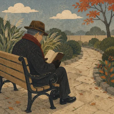 Elderly Asian Man Reading Bible in Park