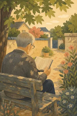 Elderly Asian Man Reading Bible in Park