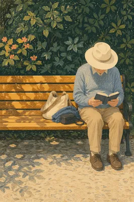 Elderly Asian Man Reading Bible Outdoors
