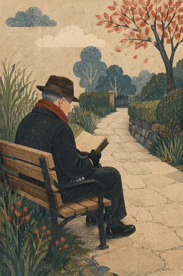 Elderly Asian Man Reading Scripture in Park