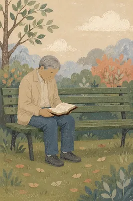 Elderly Asian Man Reading Bible in Park