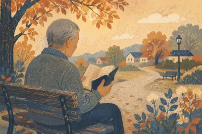 Elderly Asian Man Reading Bible in Park