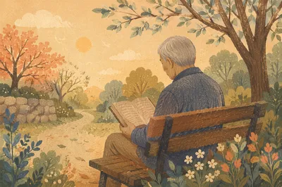Elderly Asian Man Reading Bible in Park