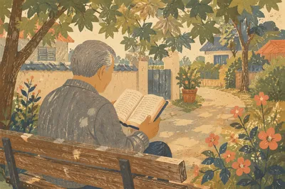 Elderly Asian Man Reading Bible Outdoors