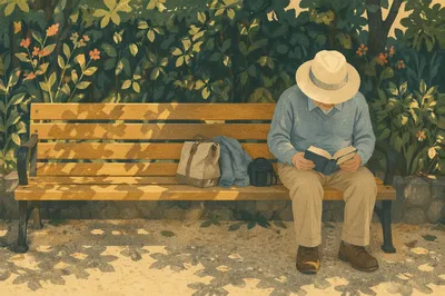 Elderly Asian Man Reading Bible in Park