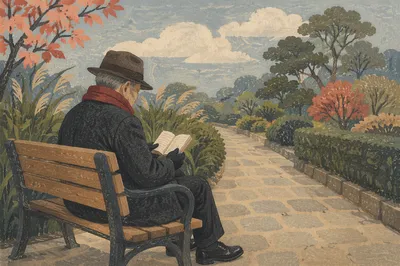 Elderly Asian Man Reading Bible in Park