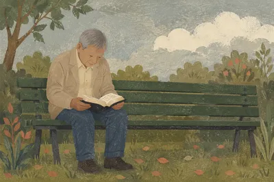 Elderly Asian Man Reading Bible in Park