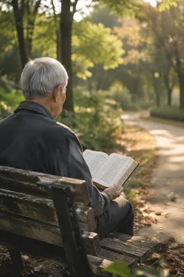 Elderly Asian Man Reading Bible in Park