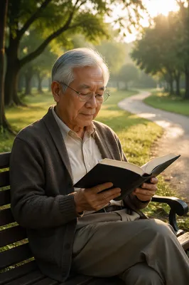 Elderly Asian Man Reading on Park Bench