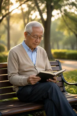 Elderly Asian Man Reading Bible Outdoors