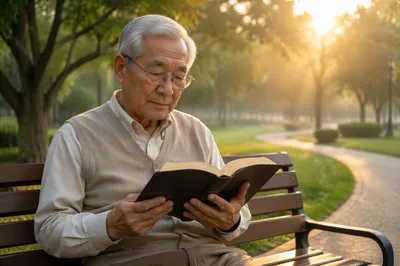 Elderly East Asian Man Reading on Bench