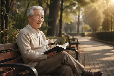 Elderly Asian Man Reading on Park Bench