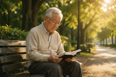 Elderly Asian Man Reading Bible on Bench