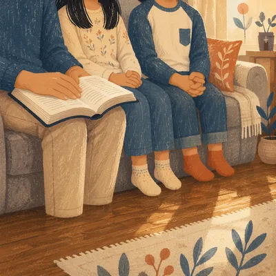 Asian Family Reading Together in Living Room