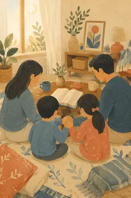 Asian Family Reading Together in Living Room