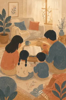 Asian Family Gathered Around Open Book