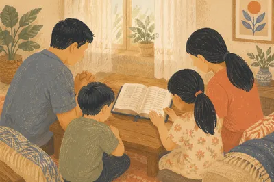 Asian Family Around Open Bible Table