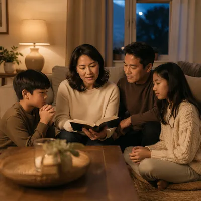 Asian Family Reading Together in Living Room